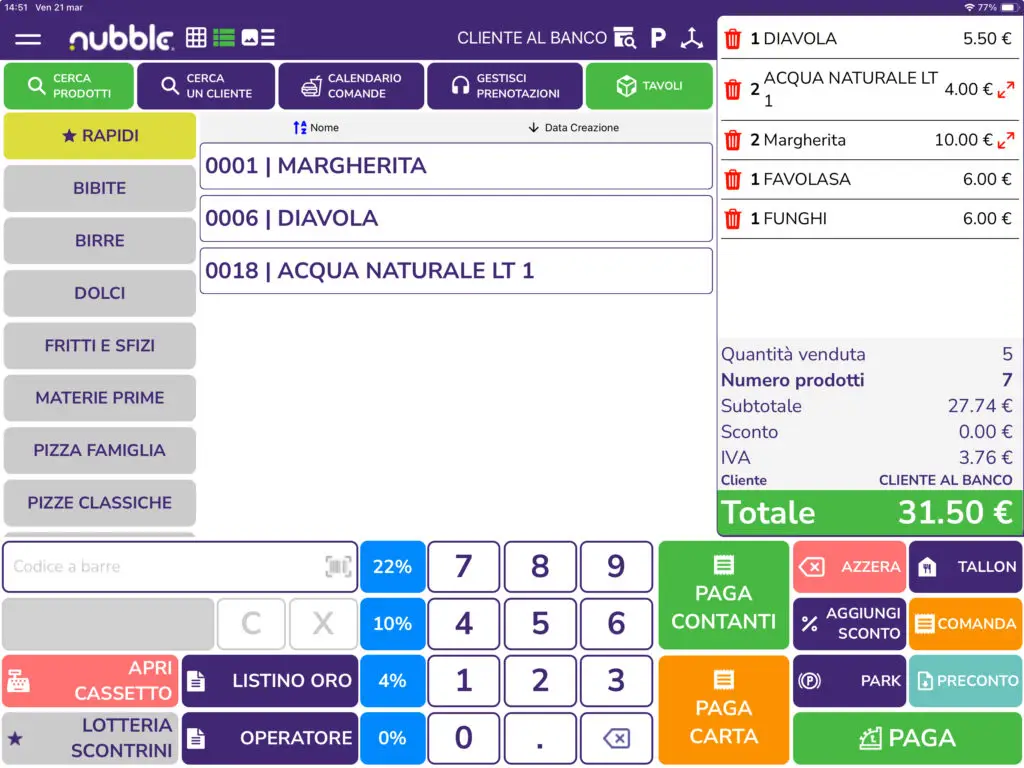 Dashboard dell'app Nubble Food