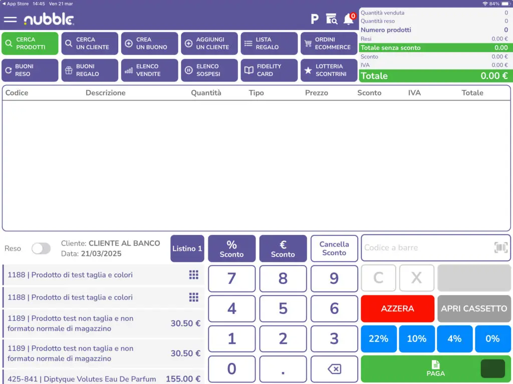 Dashboard dell'app Nubble Retail